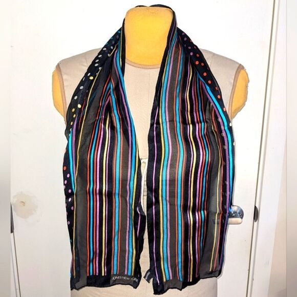 Jones New York 100% Silk Sheer Rainbow Stripe Polka Dot Long Scarf - Picture 1 of 10